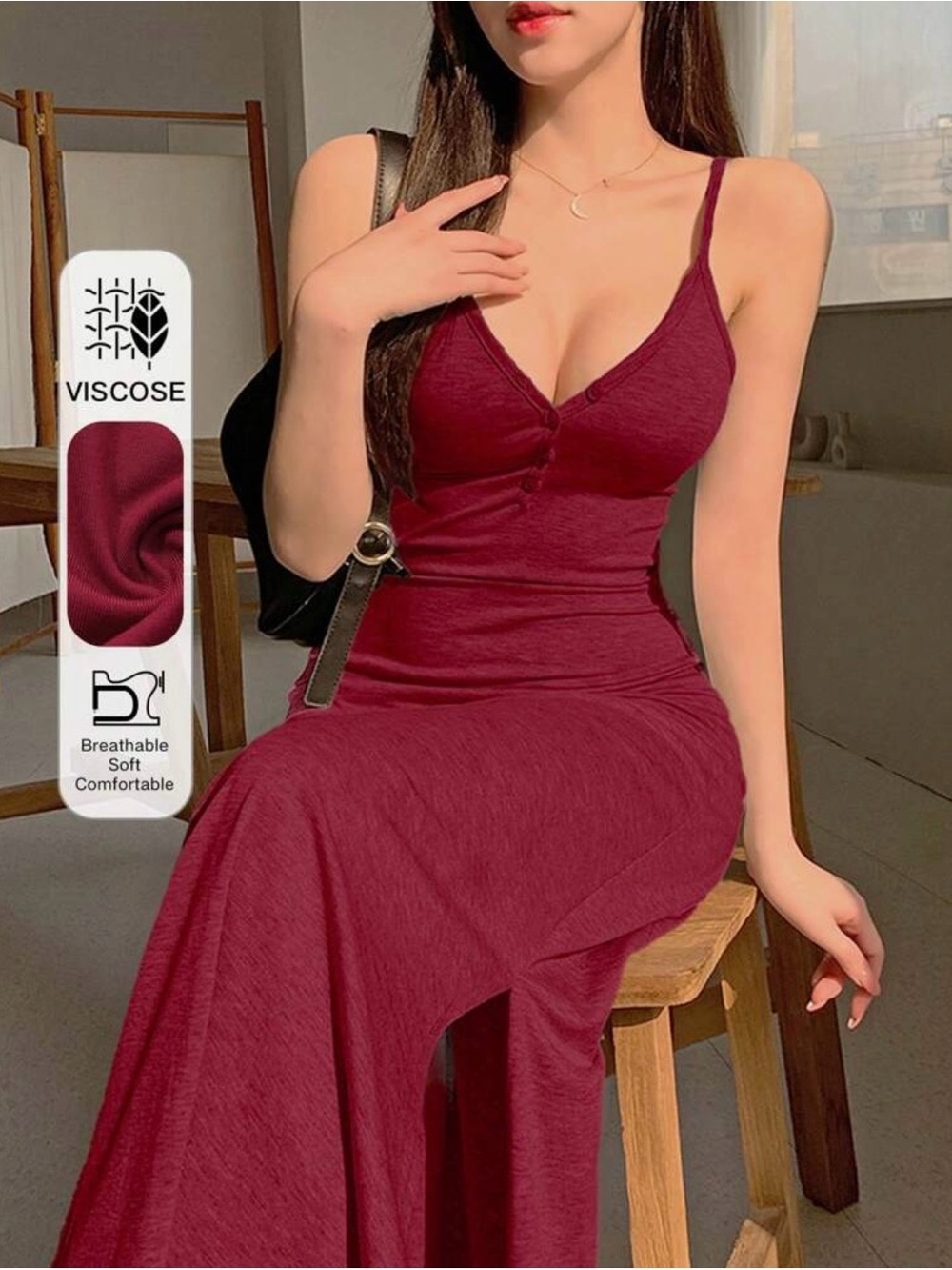 SHEIN Burgundy V-Neck Spaghetti Strap Maxi Dress